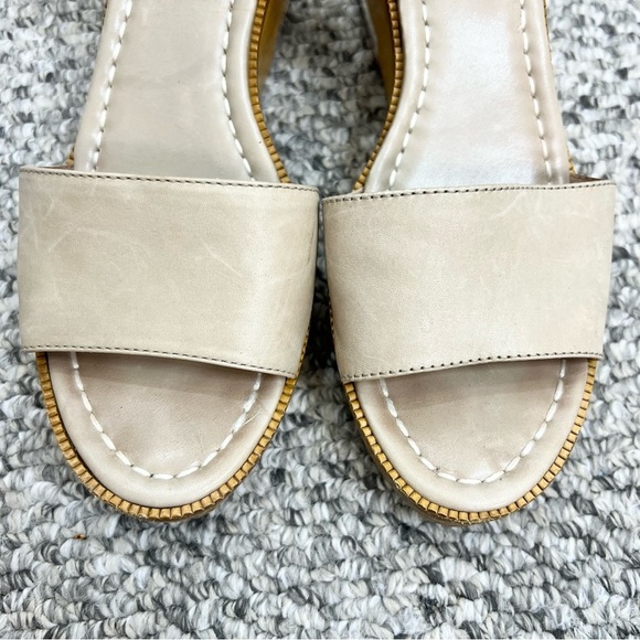 Bernardo Kate beige tan leather wooden platform clear heel ankle strap sandals 9 - Picture 7 of 14